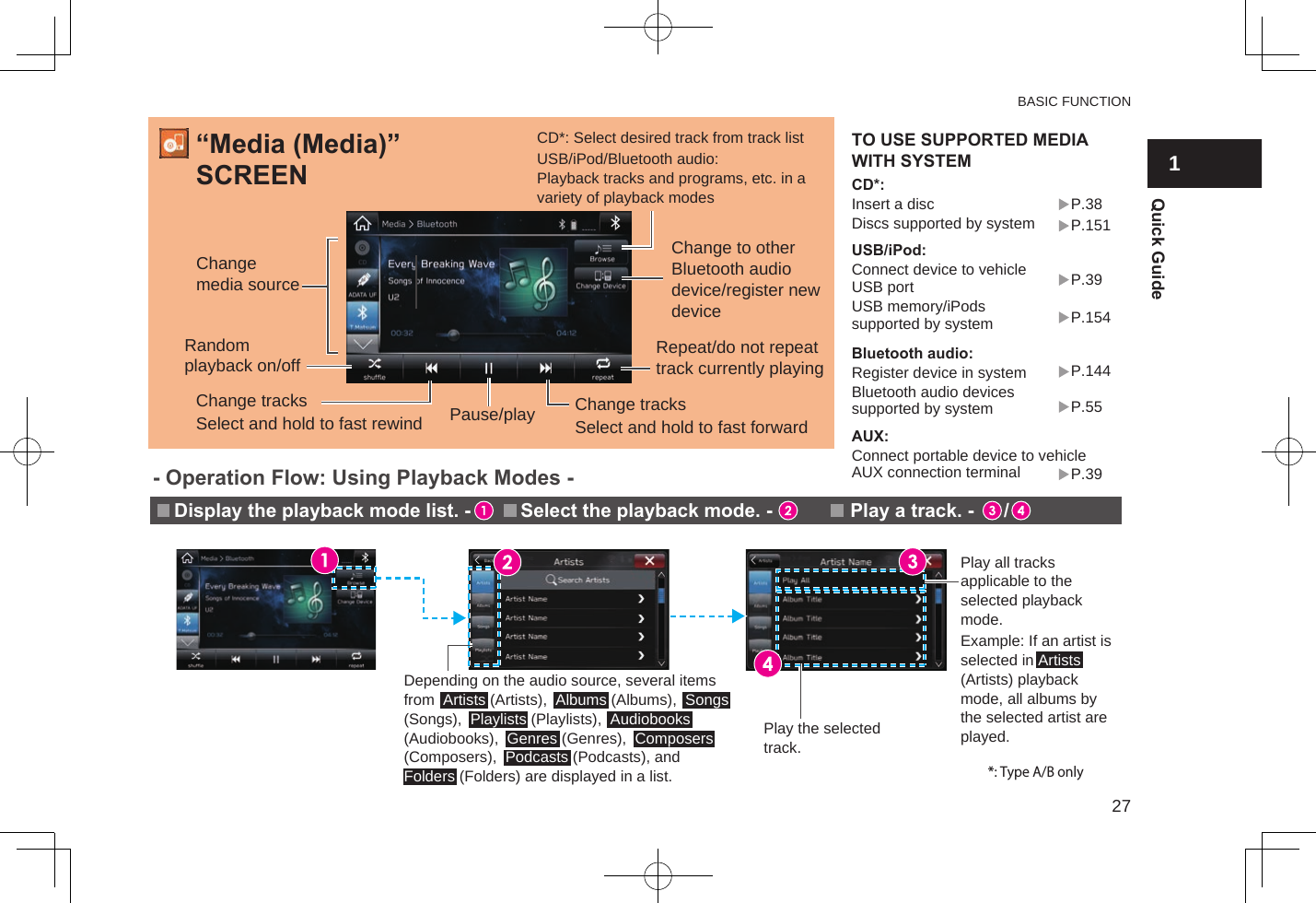 Depending on the audio source, several items from  Artists (Artists),  Albums (Albums),  Songs (Songs),  Playlists (Playlists),  Audiobooks (Audiobooks),  Genres (Genres),  Composers (Composers),  Podcasts (Podcasts), and  Folders (Folders) are displayed in a list.TO USE SUPPORTED MEDIA WITH SYSTEM“Media (Media)” SCREENSelect the playback mode. -  Play a track. -　  /Display the playback mode list. -- Operation Flow: Using Playback Modes - Pause/playChange media sourceCD*: Select desired track from track listUSB/iPod/Bluetooth audio: Playback tracks and programs, etc. in a variety of playback modesChange to other Bluetooth audio device/register new deviceRandom playback on/offChange tracksSelect and hold to fast rewind Change tracksSelect and hold to fast forwardRepeat/do not repeat track currently playingUSB/iPod:Connect device to vehicle USB portUSB memory/iPods supported by systemBluetooth audio:Register device in systemBluetooth audio devices supported by systemPlay all tracks applicable to the selected playback mode.Example: If an artist is selected in Artists (Artists) playback mode, all albums by the selected artist are played.CD*:Insert a discDiscs supported by systemAUX:Connect portable device to vehicle AUX connection terminal P.39P.38P.151P.39P.154P.144P.55*: Type A/B onlyPlay the selected track.Radio mode has a mix preset function, which can store up to 18 stations from any of the AM, FM or  SiriusXM® Satellite Radio* bands.To listen to a satellite radio broadcast* in the vehicle, a subscription to the SiriusXM® Satellite Radio service is necessary.“Radio (Radio)”  SCREENRegister the radio station. -Select the radio band. -Select to seek for a station/channel.Select and hold one of the screen buttons.- Operation Flow: Presetting a Radio Station - Preset stationsScan ORChange radio modeSelect to turn HD Radio* mode on/off (AM/FM).  Play/pauseRadio programs can be temporarily saved and played back at a later date.Current programNextPreviousSelect to scan for receivable stations/channels.TEMPORARY RADIO PROGRAM SAVE FUNCTION*: Type A/B onlySelect the radio station. -       /   P.119P.120P.122BASIC FUNCTION271Quick Guide