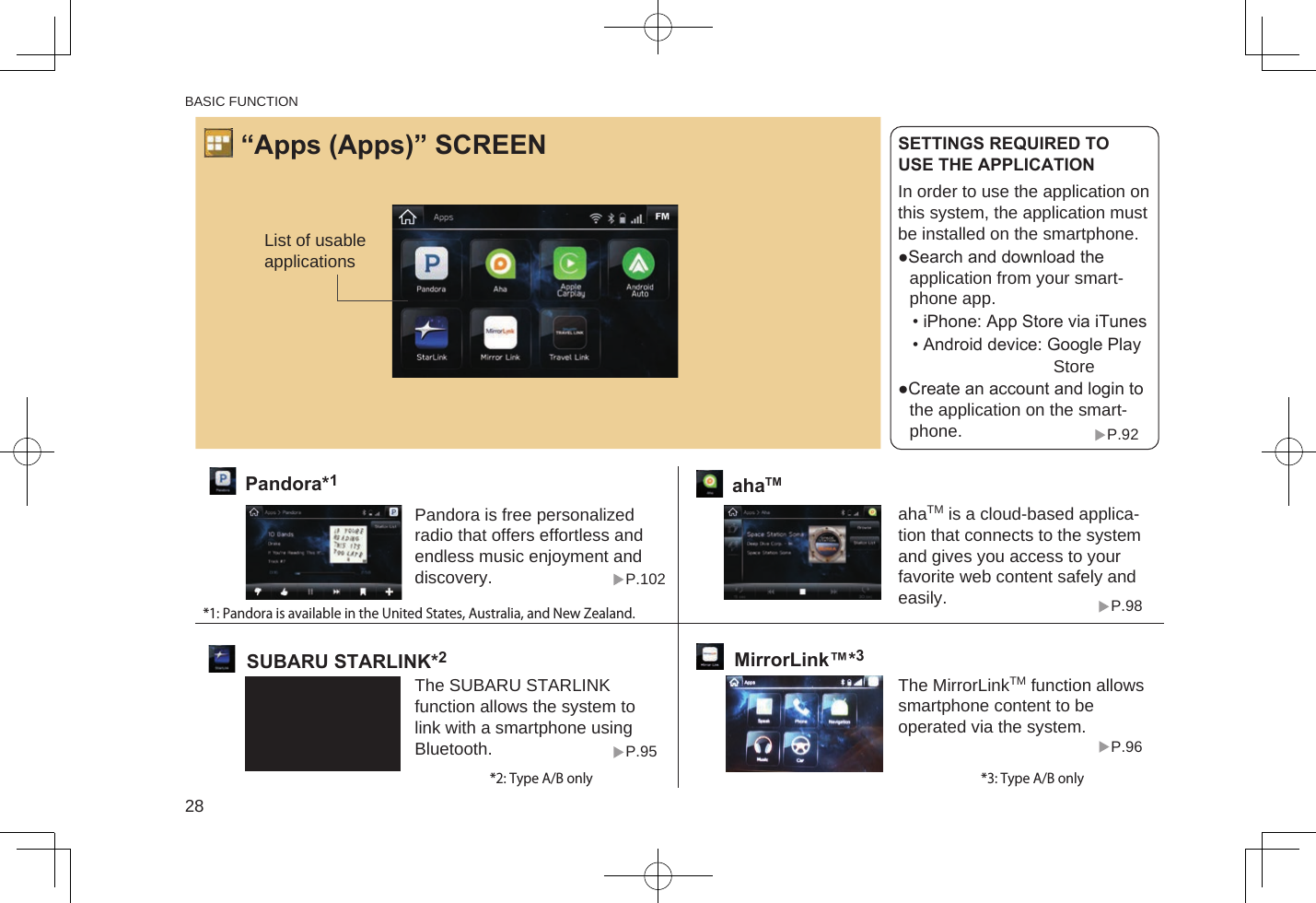The SUBARU STARLINK function allows the system to link with a smartphone using Bluetooth.SUBARU STARLINK*2List of usable applicationsPandora*1P.102The MirrorLinkTM function allows smartphone content to be operated via the system.Pandora is free personalized radio that offers effortless and endless music enjoyment and discovery.ahaTM is a cloud-based applica-tion that connects to the system and gives you access to your favorite web content safely and easily.P.96P.95ahaTMP.98In order to use the application on this system, the application must be installed on the smartphone.●Search and download the application from your smart-phone app.   • iPhone: App Store via iTunes   • Android device: Google Play    　Store●Create an account and login to the application on the smart-phone.SETTINGS REQUIRED TO USE THE APPLICATION“Apps (Apps)” SCREEN*1: Pandora is available in the United States, Australia, and New Zealand.*3: Type A/B only*2: Type A/B onlyP.92MirrorLink™*3*: Type A/B onlyCarPlay can be used to view iPhone maps, play music, and place calls by connecting your iPhone to the system. Supported applications can also be run.Android AutoP.105Android Auto can be used to view Android maps, play music, and place calls by connecting your Android terminal to the system. Supported applications can also be run. P.107Apple CarplayWeather information broadcast by weather stations on route from your current location to your destination can be viewed during route guidance.TravelLink*P.182P.109P.174On models with navigations systems, weather information can be viewed by linking with the navigation function.TravelLink is a service provided by SiriusXM® Satellite Radio, and can be used to view information on fuel information, sports, stocks, and weather.Fuel information Sports Stocks WeatherCurrent weather information for your destination can be viewed at the route calcula-tion screen.Weather informationTo use TravelLink with the system, a subscription to the SiriusXM TravelLink service is necessary.BASIC FUNCTION28