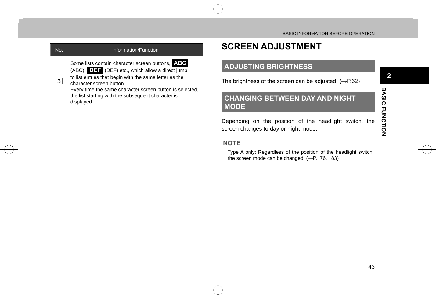 BASIC INFORMATION BEFORE OPERATION43BASIC FUNCTION2No. Information/FunctionSome lists contain character screen buttons, ABC (ABC), DEF (DEF) etc., which allow a direct jump to list entries that begin with the same letter as the character screen button.Every time the same character screen button is selected, the list starting with the subsequent character is displayed.SCREEN ADJUSTMENTADJUSTING BRIGHTNESSThe brightness of the screen can be adjusted. (→P.62)CHANGING BETWEEN DAY AND NIGHT MODEDepending on the position of the headlight switch, the screen changes to day or night mode.NOTE lType A only: Regardless of the position of the headlight switch, the screen mode can be changed. (→P.176, 183)