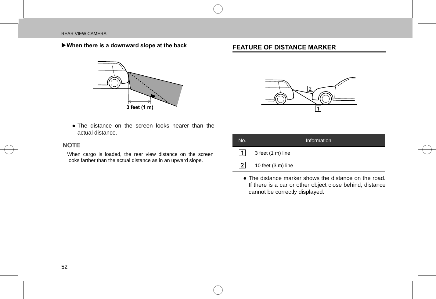 REAR VIEW CAMERA52 XWhen there is a downward slope at the back3 feet (1 m) ●The distance on the screen looks nearer than the actual distance.NOTE lWhen cargo is loaded, the rear view distance on the screen looks farther than the actual distance as in an upward slope.FEATURE OF DISTANCE MARKERNo. Information3 feet (1 m) line10 feet (3 m) line ●The distance marker shows the distance on the road. If there is a car or other object close behind, distance cannot be correctly displayed.