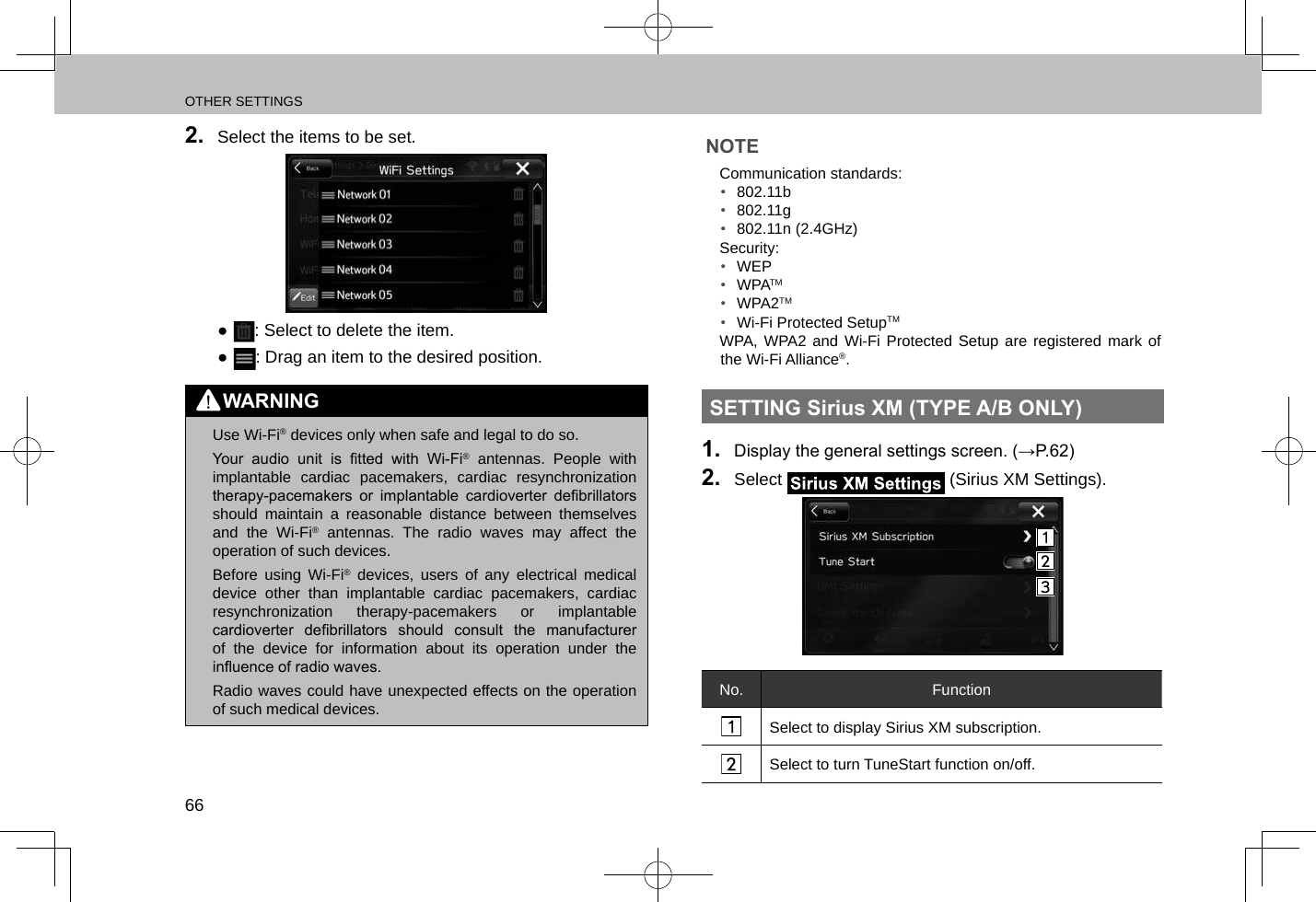 OTHER SETTINGS662.  Select the items to be set. ●: Select to delete the item. ●: Drag an item to the desired position.WARNING lUse Wi-Fi® devices only when safe and legal to do so. lYour  audio  unit  is  tted  with  Wi-Fi® antennas. People with implantable cardiac pacemakers, cardiac resynchronization therapy-pacemakers  or  implantable  cardioverter  debrillators should maintain a reasonable distance between themselves and the Wi-Fi® antennas. The radio waves may affect the operation of such devices. lBefore using Wi-Fi® devices, users of any electrical medical device other than implantable cardiac pacemakers, cardiac resynchronization therapy-pacemakers or implantable cardioverter  debrillators  should  consult  the  manufacturer of the device for information about its operation under the inuence of radio waves.Radio waves could have unexpected effects on the operation of such medical devices.NOTE lCommunication standards:•  802.11b•  802.11g•  802.11n (2.4GHz) lSecurity:•  WEP•  WPATM•  WPA2TM•  Wi-Fi Protected SetupTM lWPA, WPA2 and Wi-Fi Protected Setup are registered mark of the Wi-Fi Alliance®.SETTING Sirius XM (TYPE A/B ONLY)1.  Display the general settings screen. (→P.62)2.  Select   (Sirius XM Settings).No. FunctionSelect to display Sirius XM subscription.Select to turn TuneStart function on/off.