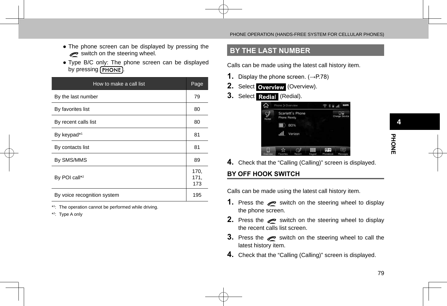 PHONE OPERATION (HANDS-FREE SYSTEM FOR CELLULAR PHONES)79PHONE4 ●The phone screen can be displayed by pressing the  switch on the steering wheel. ●Type B/C only: The phone screen can be displayed by pressing  .How to make a call list PageBy the last number 79By favorites list 80By recent calls list 80By keypad*181By contacts list 81By SMS/MMS 89By POI call*2170, 171, 173By voice recognition system 195*1:  The operation cannot be performed while driving.*2:  Type A onlyBY THE LAST NUMBERCalls can be made using the latest call history item.1.  Display the phone screen. (→P.78)2.  Select   (Overview).3.  Select   (Redial).4.  Check that the “Calling (Calling)” screen is displayed.BY OFF HOOK SWITCHCalls can be made using the latest call history item.1.  Press the   switch on the steering wheel to display the phone screen.2.  Press the   switch on the steering wheel to display the recent calls list screen.3.  Press the   switch on the steering wheel to call the latest history item.4.  Check that the “Calling (Calling)” screen is displayed.