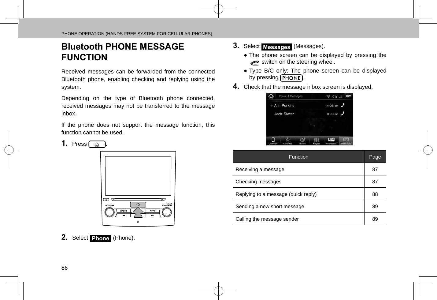 PHONE OPERATION (HANDS-FREE SYSTEM FOR CELLULAR PHONES)86Bluetooth PHONE MESSAGE FUNCTIONReceived messages can be forwarded from the connected Bluetooth phone, enabling checking and replying using the system.Depending on the type of Bluetooth phone connected, received messages may not be transferred to the message inbox.If the phone does not support the message function, this function cannot be used.1.  Press  .2.  Select Phone (Phone).3.  Select   (Messages). ●The phone screen can be displayed by pressing the  switch on the steering wheel. ●Type B/C only: The phone screen can be displayed by pressing  .4.  Check that the message inbox screen is displayed.Function PageReceiving a message 87Checking messages 87Replying to a message (quick reply) 88Sending a new short message 89Calling the message sender 89