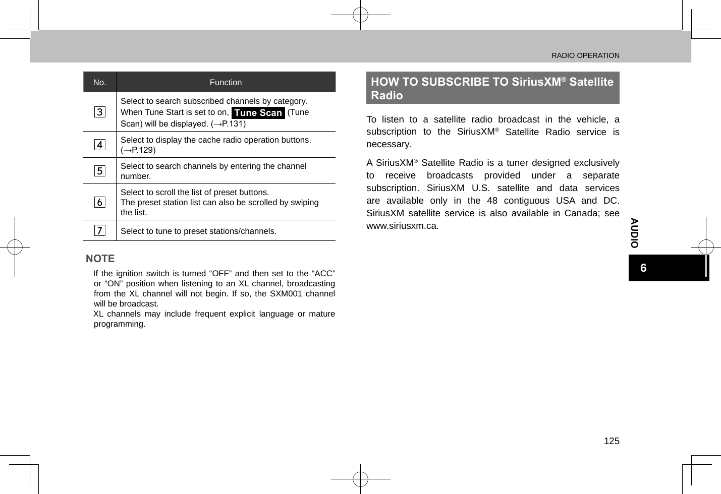 RADIO OPERATION125AUDIO6No. FunctionSelect to search subscribed channels by category.When Tune Start is set to on, Tune Scan (Tune Scan) will be displayed. (→P.131)Select to display the cache radio operation buttons. (→P.129)Select to search channels by entering the channel number.Select to scroll the list of preset buttons.The preset station list can also be scrolled by swiping the list.Select to tune to preset stations/channels.NOTE lIf the ignition switch is turned “OFF” and then set to the “ACC” or “ON” position when listening to an XL channel, broadcasting from the XL channel will not begin. If so, the SXM001 channel will be broadcast. lXL channels may include frequent explicit language or mature programming.HOW TO SUBSCRIBE TO SiriusXM® Satellite RadioTo listen to a satellite radio broadcast in the vehicle, a subscription to the SiriusXM® Satellite Radio service is necessary.A SiriusXM® Satellite Radio is a tuner designed exclusively to receive broadcasts provided under a separate subscription. SiriusXM U.S. satellite and data services are available only in the 48 contiguous USA and DC. SiriusXM satellite service is also available in Canada; see  www.siriusxm.ca.
