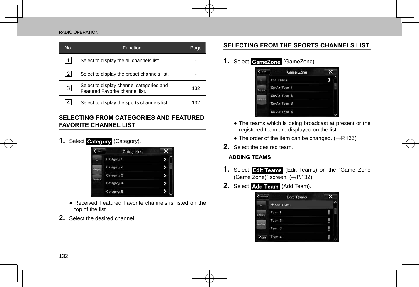 RADIO OPERATION132No. Function PageSelect to display the all channels list. -Select to display the preset channels list. -Select to display channel categories and Featured Favorite channel list. 132Select to display the sports channels list. 132SELECTING FROM CATEGORIES AND FEATURED FAVORITE CHANNEL LIST1.  Select   (Category). ●Received Featured Favorite channels is listed on the top of the list.2.  Select the desired channel.SELECTING FROM THE SPORTS CHANNELS LIST1.  Select   (GameZone). ●The teams which is being broadcast at present or the registered team are displayed on the list. ● The order of the item can be changed. (→P.133)2.  Select the desired team. nADDING TEAMS1.  Select   (Edit Teams) on the “Game Zone (Game Zone)” screen. (→P.132)2.  Select   (Add Team).