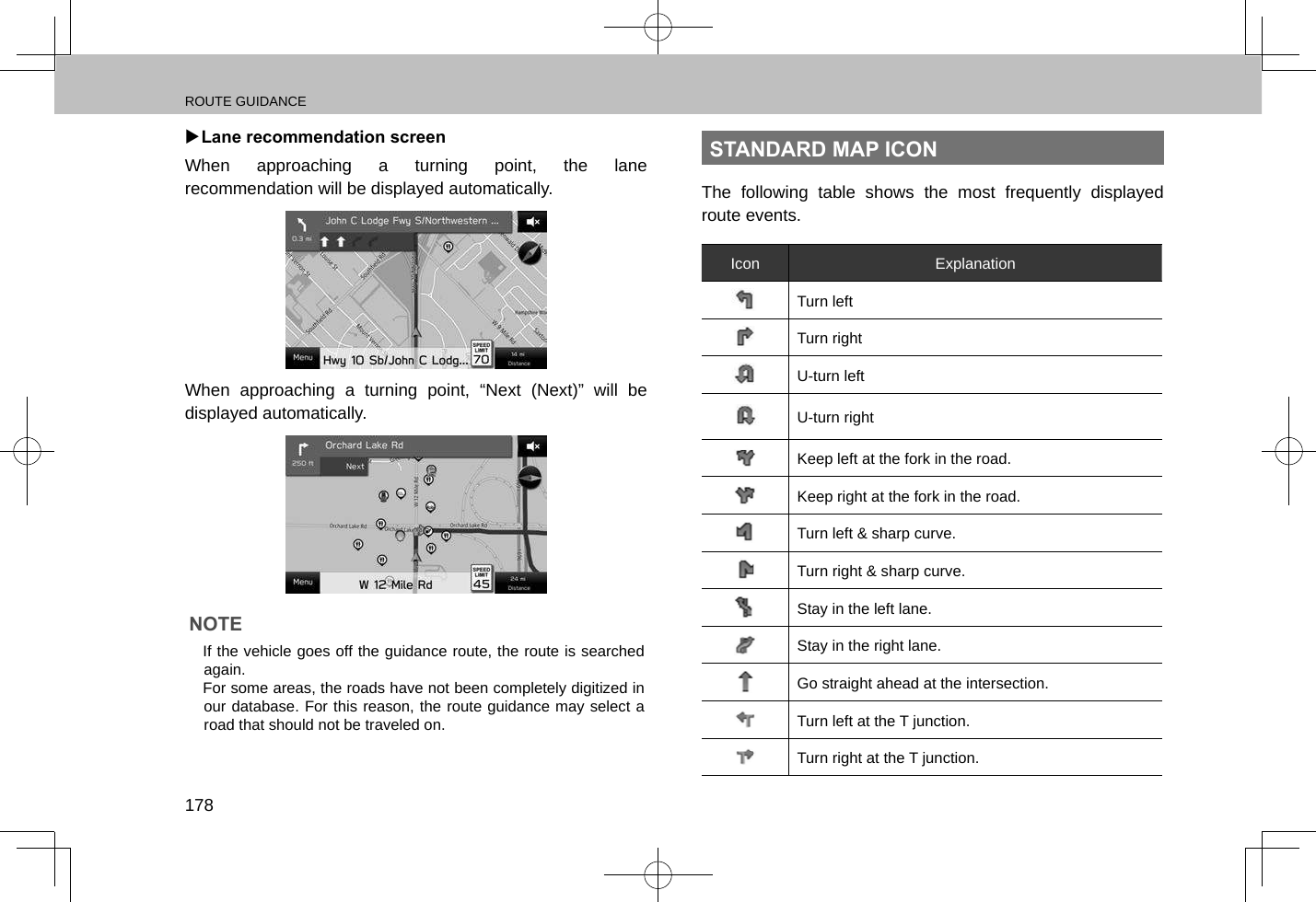 ROUTE GUIDANCE178 XLane recommendation screenWhen approaching a turning point, the lane recommendation will be displayed automatically.When approaching a turning point, “Next (Next)” will be displayed automatically.NOTE lIf the vehicle goes off the guidance route, the route is searched again. lFor some areas, the roads have not been completely digitized in our database. For this reason, the route guidance may select a road that should not be traveled on.STANDARD MAP ICONThe following table shows the most frequently displayed route events.Icon ExplanationTurn leftTurn rightU-turn leftU-turn rightKeep left at the fork in the road.Keep right at the fork in the road.Turn left &amp; sharp curve.Turn right &amp; sharp curve.Stay in the left lane.Stay in the right lane.Go straight ahead at the intersection.Turn left at the T junction.Turn right at the T junction.