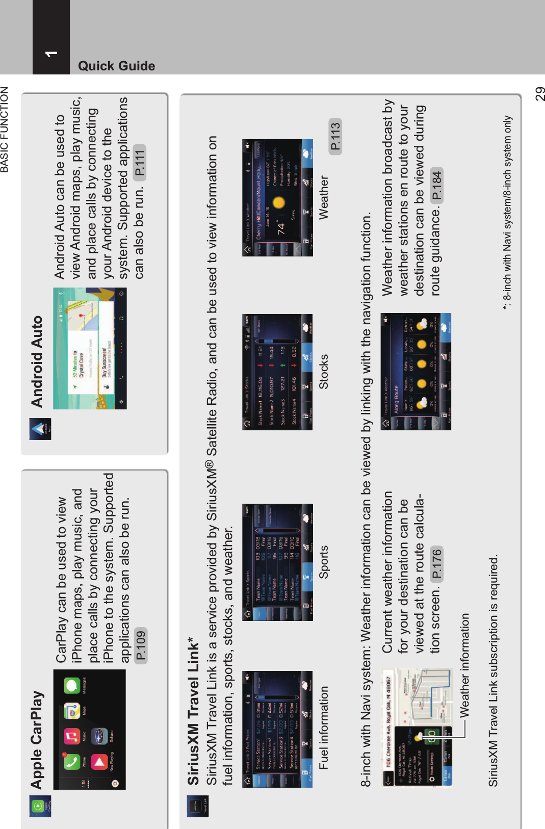 BASIC FUNCTION291Quick GuideCarPlay can be used to view iPhone maps, play music, and place calls by connecting your iPhone to the system. Supported applications can also be run.Apple CarPlayAndroid Auto can be used to view Android maps, play music, and place calls by connecting your Android device to the system. Supported applications can also be run.Android AutoSiriusXM Travel Link is a service provided by SiriusXM® Satellite Radio, and can be used to view information on fuel information, sports, stocks, and weather.SiriusXM Travel Link*8-inch with Navi system: Weather information can be viewed by linking with the navigation function.Current weather information for your destination can be viewed at the route calcula-tion screen.Weather information broadcast by weather stations en route to your destination can be viewed during route guidance.*: 8-inch with Navi system/8-inch system onlyFuel information Sports Stocks WeatherWeather informationSiriusXM Travel Link subscription is required.P.109 P.111P.113P.184P.176