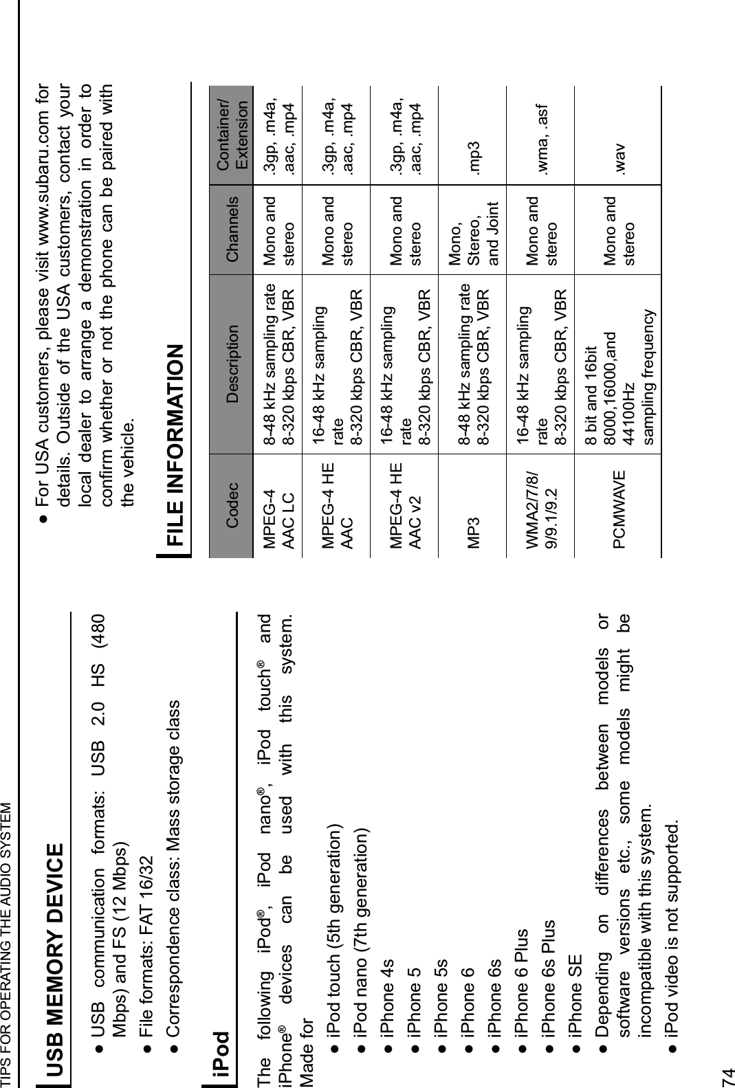 USB MEMORY DEVICE :USB  communication  formats:  USB  2.0  HS  (480 Mbps) and FS (12 Mbps) :File formats: FAT 16/32 :Correspondence class: Mass storage classiPodThe  following  iPod®,  iPod  nano®,  iPod  touch®  and iPhone®  devices  can  be  used  with  this  system. Made for :iPod touch (5th generation) :iPod nano (7th generation) :iPhone 4s :iPhone 5 :iPhone 5s :iPhone 6 :iPhone 6s :iPhone 6 Plus :iPhone 6s Plus :iPhone SE :Depending  on  differences  between  models  or software  versions  etc.,  some  models  might  be incompatible with this system. :iPod video is not supported. :For USA customers, please visit www.subaru.com for details.  Outside  of  the  USA  customers,  contact  your local  dealer  to  arrange  a  demonstration  in  order  to +(#362$J!&quot;,!&quot;6$(6$#(,$,!&quot;$0!(#&quot;$+%#$8&quot;$0%&amp;6&quot;)$J&amp;,!$the vehicle.FILE INFORMATIONCodec Description Channels Container/ExtensionMPEG-4 AAC LC8-48 kHz sampling rate8-320 kbps CBR, VBRMono and stereo.3gp, .m4a, .aac, .mp4MPEG-4 HE AAC16-48 kHz sampling rate8-320 kbps CBR, VBRMono and stereo.3gp, .m4a, .aac, .mp4MPEG-4 HE AAC v216-48 kHz sampling rate8-320 kbps CBR, VBRMono and stereo.3gp, .m4a, .aac, .mp4MP3 8-48 kHz sampling rate8-320 kbps CBR, VBRMono, Stereo, and Joint.mp3WMA2/7/8/ 9/9.1/9.216-48 kHz sampling rate8-320 kbps CBR, VBRMono and stereo .wma, .asfPCMWAVE8 bit and 16bit8000,16000,and 44100Hz sampling frequencyMono and stereo .wavTIPS FOR OPERATING THE AUDIO SYSTEM74