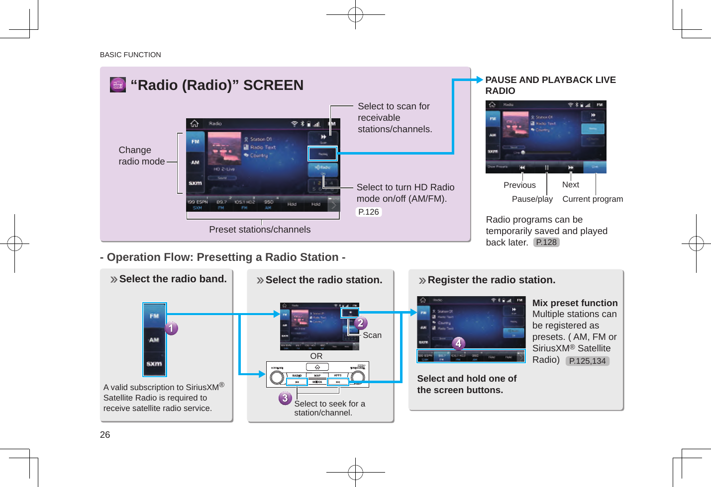 BASIC FUNCTION26“Radio (Radio)” SCREENChange radio modeSelect to scan for  receivable stations/channels.Select to turn HD Radio mode on/off (AM/FM). Preset stations/channels- Operation Flow: Presetting a Radio Station -  Select the radio band. PAUSE AND PLAYBACK LIVE RADIORadio programs can be temporarily saved and played back later.A valid subscription to SiriusXM®  Satellite Radio is required to receive satellite radio service. Select the radio station. Mix preset functionMultiple stations can be registered as presets. ( AM, FM or SiriusXM® Satellite Radio) Register the radio station. Select and hold one of the screen buttons.Previous NextPause/play Current programScan ORSelect to seek for a station/channel.P.128P.126P.125,134