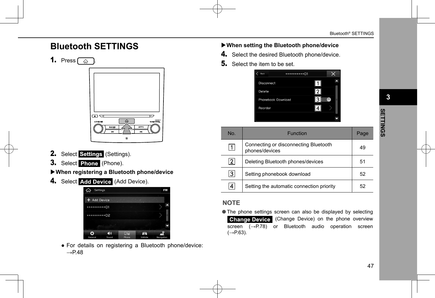 Bluetooth SETTINGS1. Press  .2. Select Settings (Settings).3. Select Phone (Phone). XWhen registering a Bluetooth phone/device4. Select   (Add Device). ●For details on registering a Bluetooth phone/device: →P.48 XWhen setting the Bluetooth phone/device4. Select the desired Bluetooth phone/device.5. Select the item to be set.No. Function PageConnecting or disconnecting Bluetooth phones/devices 49Deleting Bluetooth phones/devices 51Setting phonebook download 52Setting the automatic connection priority 52NOTE lThe phone settings screen can also be displayed by selecting  (Change Device) on the phone overview screen  (→P.78)  or  Bluetooth  audio  operation  screen (→P.63). 3Bluetooth® SETTINGS47SETTINGS3