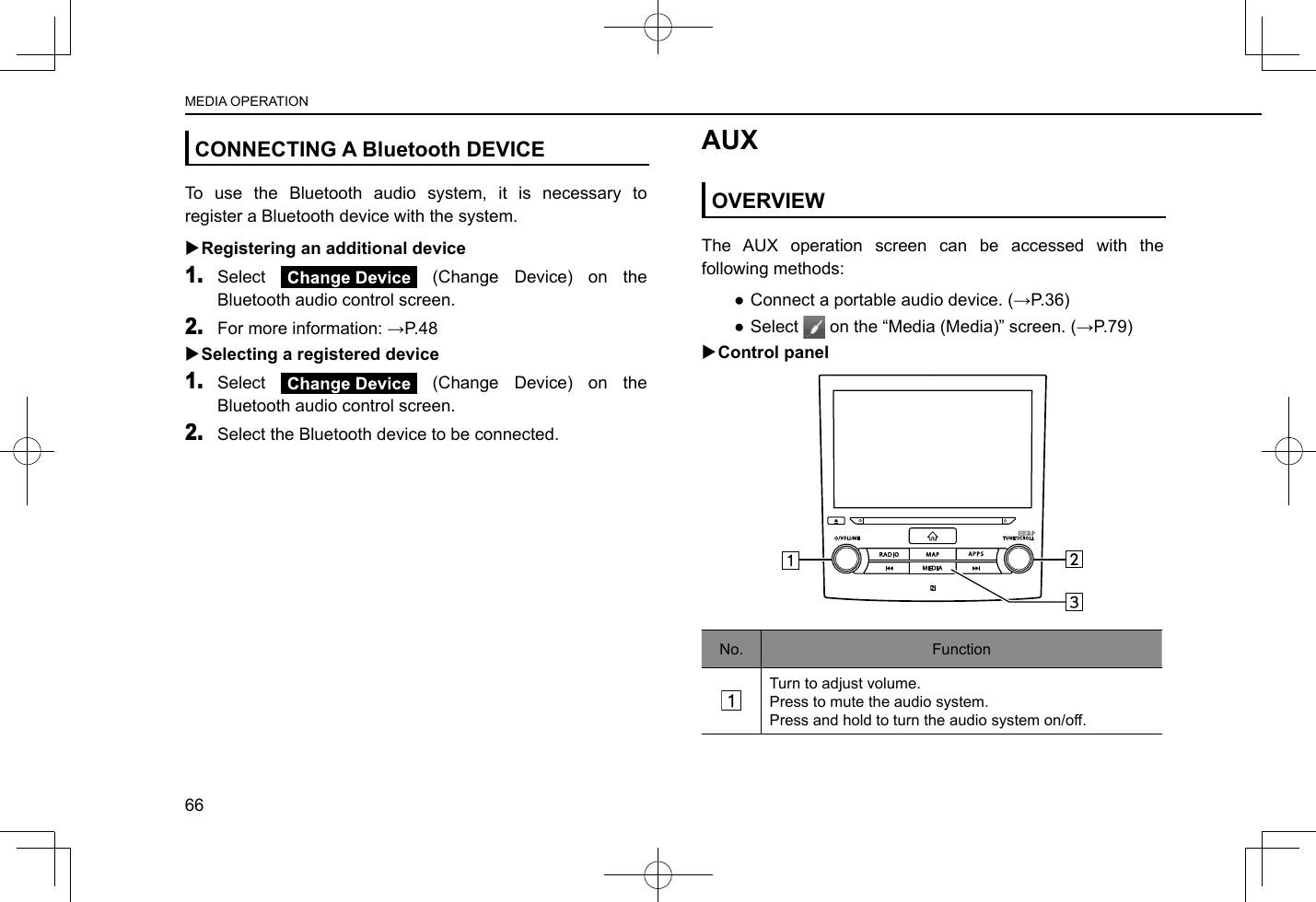 CONNECTING A Bluetooth DEVICETo use the Bluetooth audio system, it is necessary to register a Bluetooth device with the system. XRegistering an additional device1. Select   (Change Device) on the Bluetooth audio control screen.2. For more information: →P.48 XSelecting a registered device1. Select   (Change Device) on the Bluetooth audio control screen.2. Select the Bluetooth device to be connected.AUXOVERVIEWThe AUX operation screen can be accessed with the following methods: ● Connect a portable audio device. (→P.36) ●Select   on the “Media (Media)” screen. (→P.79) XControl panelNo. FunctionTurn to adjust volume.Press to mute the audio system.Press and hold to turn the audio system on/off.MEDIA OPERATION66