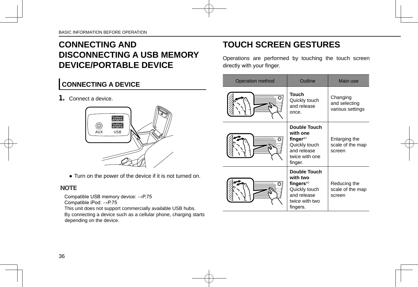 CONNECTING AND DISCONNECTING A USB MEMORY DEVICE/PORTABLE DEVICECONNECTING A DEVICE1. Connect a device.AUX USB ●Turn on the power of the device if it is not turned on.NOTE lCompatible USB memory device: →P.75 lCompatible iPod: →P.75 lThis unit does not support commercially available USB hubs. lBy connecting a device such as a cellular phone, charging starts depending on the device.TOUCH SCREEN GESTURESOperations are performed by touching the touch screen directly with your nger.Operation method Outline Main useTouchQuickly touch and release once.Changing and selecting various settingsDouble Touch with one nger*1Quickly touch and release twice with one nger.Enlarging the scale of the map screenDouble Touch with two ngers*1Quickly touch and release twice with two ngers.Reducing the scale of the map screenBASIC INFORMATION BEFORE OPERATION36