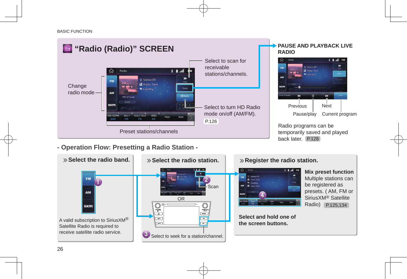 BASIC FUNCTION26“Radio (Radio)” SCREENChange radio modeSelect to scan for  receivable stations/channels.Select to turn HD Radio mode on/off (AM/FM). Preset stations/channels- Operation Flow: Presetting a Radio Station -  Select the radio band. PAUSE AND PLAYBACK LIVE RADIORadio programs can be temporarily saved and played back later.A valid subscription to SiriusXM®  Satellite Radio is required to receive satellite radio service. Select the radio station. Mix preset functionMultiple stations can be registered as presets. ( AM, FM or SiriusXM® Satellite Radio) Register the radio station. Select and hold one of the screen buttons.Previous NextPause/play Current programScan ORSelect to seek for a station/channel.P.128P.126P.125,134