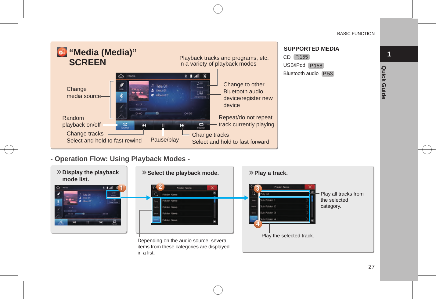 BASIC FUNCTION271Quick Guide“Media (Media)” SCREENChange media sourceRandom playback on/offChange tracksSelect and hold to fast rewindChange to other Bluetooth audio device/register new deviceChange tracksSelect and hold to fast forwardRepeat/do not repeat track currently playingPause/play- Operation Flow: Using Playback Modes -  Display the playback mode list.   Select the playback mode.    Play a track. Depending on the audio source, several  items from these categories are displayed  in a list.Play the selected track.Play all tracks from the selected  category.Playback tracks and programs, etc. in a variety of playback modesSUPPORTED MEDIACDUSB/iPodBluetooth audioP.155P.158P.53