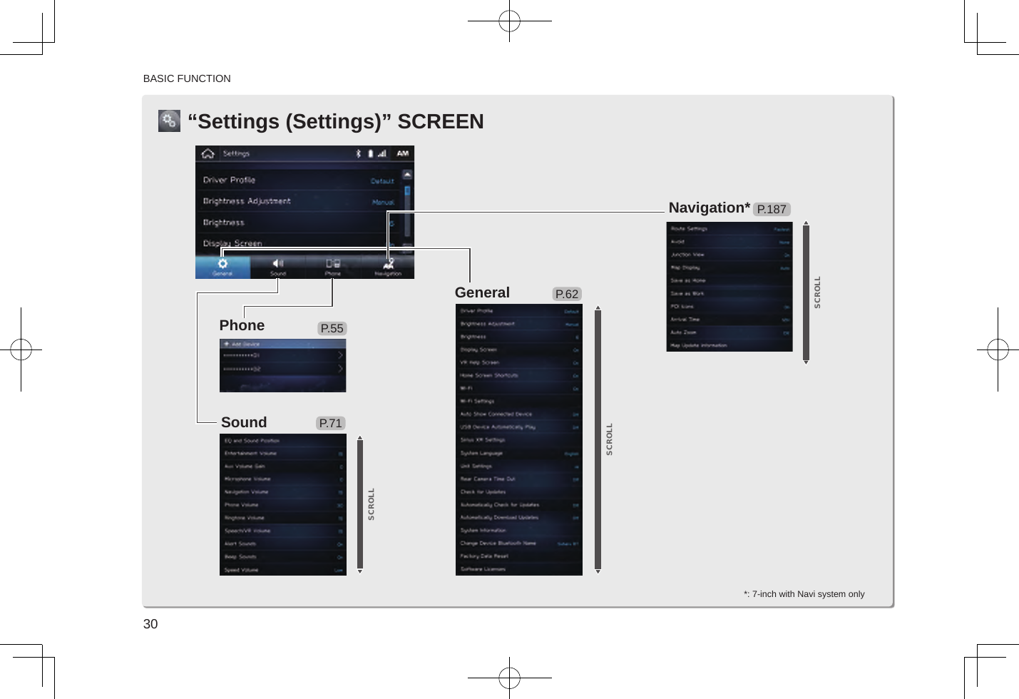 BASIC FUNCTION30“Settings (Settings)” SCREENPhoneSoundGeneralNavigation*P.55P.71P.62P.187 SCROLLSCROLL*: 7-inch with Navi system onlySCROLL