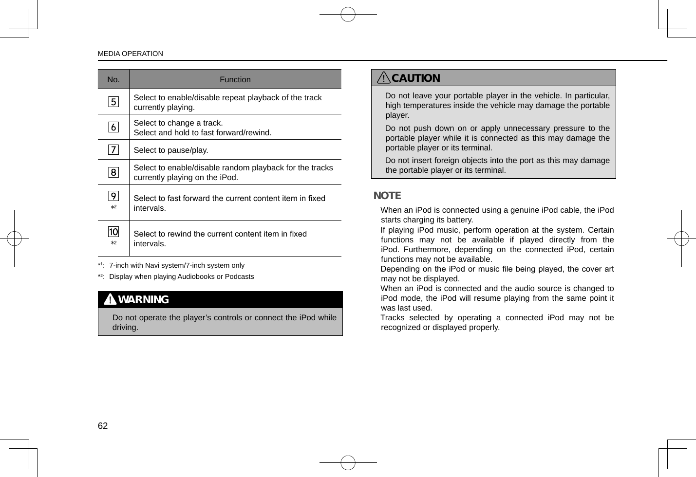 No. FunctionSelect to enable/disable repeat playback of the track currently playing.Select to change a track.Select and hold to fast forward/rewind.Select to pause/play.Select to enable/disable random playback for the tracks currently playing on the iPod.*2Select to fast forward the current content item in xed intervals.*2Select to rewind the current content item in xed intervals.*1:  7-inch with Navi system/7-inch system only*2:  Display when playing Audiobooks or PodcastsWARNING lDo not operate the player’s controls or connect the iPod while driving.CAUTION lDo not leave your portable player in the vehicle. In particular, high temperatures inside the vehicle may damage the portable player. lDo not push down on or apply unnecessary pressure to the portable player while it is connected as this may damage the portable player or its terminal. lDo not insert foreign objects into the port as this may damage the portable player or its terminal.NOTE lWhen an iPod is connected using a genuine iPod cable, the iPod starts charging its battery. lIf playing iPod music, perform operation at the system. Certain functions may not be available if played directly from the iPod. Furthermore, depending on the connected iPod, certain functions may not be available. lDepending on the iPod or music le being played, the cover art may not be displayed. lWhen an iPod is connected and the audio source is changed to iPod mode, the iPod will resume playing from the same point it was last used. lTracks selected by operating a connected iPod may not be recognized or displayed properly.MEDIA OPERATION62