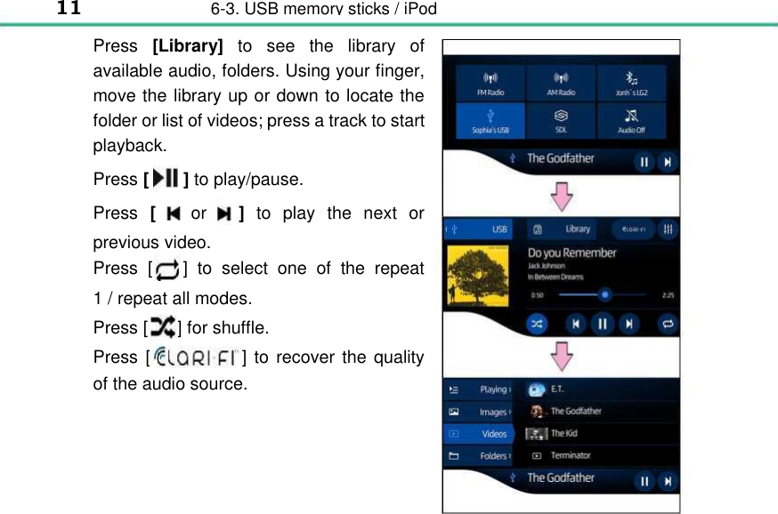 11 6-3. USB memory sticks / iPod   Press  [Library] to  see  the  library  of available audio, folders. Using your finger, move the library up or down to locate the folder or list of videos; press a track to start playback. Press [   ] to play/pause. Press  [ or ] to  play  the  next  or previous video.  Press  [ ]  to  select  one of  the  repeat 1 / repeat all modes.  Press [ ] for shuffle. Press [ ] to recover the quality of the audio source.