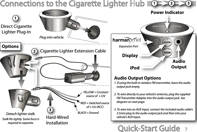Quick-Start Guide 6Quick-Start Guide 7 Connections to the Cigarette Lighter HubExpansion Port12331DisplayiPodAudioOutputAudio Output Options1. If using the built-in wireless FM transmitter, leave the audio output jack empty.2. To wire directly to your vehicle’s antenna, plug the supplied FM Transmitter Adapter into the audio output jack. See diagram on next page.3. To wire into an AUX input, connect the included audio cable’s 3.5mm plug to the audio output jack and then into your vehicle’s AUX input.Power IndicatorDirect Cigarette Lighter Plug-In2Cigarette Lighter Extension CableHard-Wired InstallationYELLOW = Constant source of  +12VRED = Switched source of +12v (ACC)BLACK = GroundPlug into vehicle.Detach lighter stalk.OptionsStalk ts tightly. Some force is required to separate.