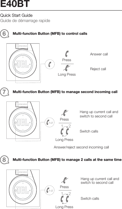 Quick Start Guide Guide de démarrage rapideE40BTMulti-function Button (MFB) to control calls6Answer callReject callPressLong Press Multi-function Button (MFB) to manage second incoming call7Switch callsHang up current call and switch to second call1 2PressLong Press1 2PressLong PressAnswer/reject second incoming callMulti-function Button (MFB) to manage 2 calls at the same time8Switch callsHang up current call and switch to second call