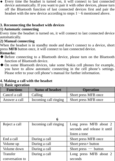  Every time the headset is turned on, it will connect to last connected device automatically. If you want to pair it with other devices, please turn off the Bluetooth function of last connected devices first and pair the headset with the new device according to steps 1～6 mentioned above.   3. Reconnecting the headset with devices 1) Automatic connecting Every time the headset is turned on, it will connect to last connected device automatically. 2) Manual connecting When the headset is in standby mode and does’t connect to a device, short press MFB button once, it will connect to last connected device. Remarks:  Before connecting to a Bluetooth device, please turn on the Bluetooth function of Bluetooth device.  On some Bluetooth devices, take some Nokia cell phones for example, you have to allow automatic connecting in the cell phone’s settings. Please refer to your cell phone’s manual for further information.  4. Making a call with the headset 1) Basic operation Functions  Status of headset  Operation Cancel a call  Calling    Short press MFB once Answer a call  Incoming call ringing Short press MFB once    6 Reject a call  Incoming call ringing Long press MFB about 2 seconds and release it until listen a tone End a call  During a call  Short press MFB once Volume up  During a call  Short press+ button Volume down  During a call  Short press  — button Transfer conversation to  During a call  Long press MFB about 2 seconds 