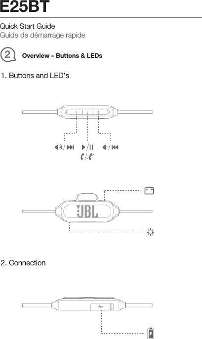 Overview – Buttons &amp; LEDs2Quick Start GuideGuide de démarrage rapideE25BT1. Buttons and LED’s2. Connection