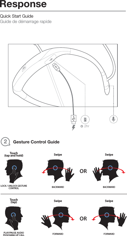 2Gesture Control Guide LOCK / UNLOCK GESTURECONTROLTouch(tap and hold)BACKWARDSwipeBACKWARDSwipeORPLAY/PAUSE AUDIOPICK/HANG UP CALLTouch(tap)FORWARDSwipeFORWARDSwipeORQuick Start Guide Guide de démarrage rapideResponse 2hr