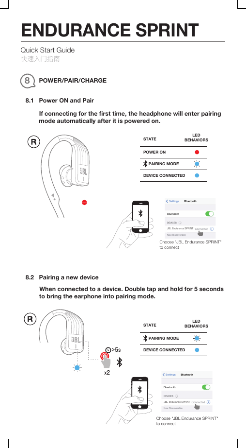 Quick Start Guide 快速入门指南ENDURANCE SPRINT8POWER/PAIR/CHARGE  If connecting for the ﬁrst time, the headphone will enter pairing mode automatically after it is powered on.JBL Endurance SPRINTChoose &quot;JBL Endurance SPRINT&quot;to connectSTATEPOWER ONLEDBEHAVIORSDEVICE CONNECTEDPAIRING MODE8.1   Power ON and PairSTATE LEDBEHAVIORSDEVICE CONNECTEDPAIRING MODEJBL Endurance SPRINTChoose &quot;JBL Endurance SPRINT&quot;to connectx2  When connected to a device. Double tap and hold for 5 seconds to bring the earphone into pairing mode.8.2   Pairing a new device &gt;5s