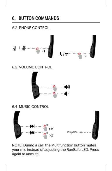 6.     BUTTON COMMANDSNOTE: During a call, the Multifunction button mutesyour mic instead of adjusting the RunSafe LED. Pressagain to unmute.6.3 VOLUME CONTROL6.2 PHONE CONTROLx 1x 1Play/Pause6.4 MUSIC CONTROL&gt; 2&gt; 2