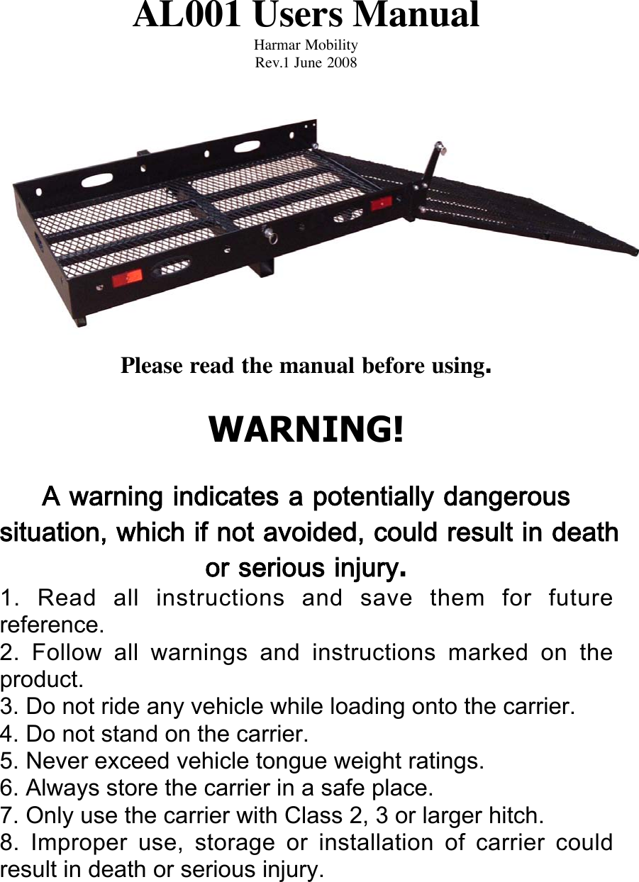 Page 2 of 10 - Harmar-Mobility Harmar-Mobility-Al001-Users-Manual-  Harmar-mobility-al001-users-manual
