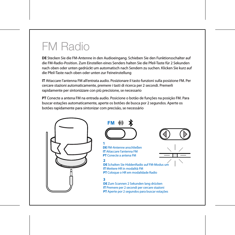 FM RadioDE Stecken Sie die FM-Antenne in den Audioeingang. Schieben Sie den Funktionsschalter auf die FM-Radio-Position. Zum Einstellen eines Senders halten Sie die Pfeil-Taste f&uuml;r 2 Sekunden nach oben oder unten gedr&uuml;ckt um automatisch nach Sendern zu suchen. Klicken Sie kurz auf die Pfeil-Taste nach oben oder unten zur FeineinstellungIT Attaccare l&rsquo;antenna FM all&rsquo;entrata audio. Posizionare il tasto funzioni sulla posizione FM. Per cercare stazioni automaticamente, premere i tasti di ricerca per 2 secondi. Premerli rapidamente per sintonizzare con pi&ugrave; precisione, se necessarioPT Conecte a antena FM na entrada audio. Posicione o bot&atilde;o de fun&ccedil;&otilde;es na posi&ccedil;&atilde;o FM. Para buscar esta&ccedil;&otilde;es automaticamente, aperte os bot&otilde;es de busca por 2 segundos. Aperte os bot&otilde;es rapidamente para sintonizar com precis&atilde;o, se necess&aacute;rio2DE Schalten Sie HiddenRadio auf FM-Modus umIT Mettere HR in modalit&agrave; FMPT Coloque o HR em modalidade Radio3DE Zum Scannen 2 Sekunden lang dr&uuml;ckenIT Premere per 2 secondi per cercare stazioniPT Aperte por 2 segundos para buscar esta&ccedil;&otilde;es 1DE FM-Antenne anschlie&szlig;enIT Attaccare l&rsquo;antenna FMPT Conecte a antena FM