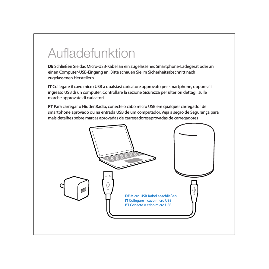 AufladefunktionDE Schlie&szlig;en Sie das Micro-USB-Kabel an ein zugelassenes Smartphone-Ladeger&auml;t oder an einen Computer-USB-Eingang an. Bitte schauen Sie im Sicherheitsabschnitt nach zugelassenen HerstellernIT Collegare il cavo micro USB a qualsiasi caricatore approvato per smartphone, oppure all&rsquo; ingresso USB di un computer. Controllare la sezione Sicurezza per ulteriori dettagli sulle marche approvate di caricatoriPT Para carregar o HiddenRadio, conecte o cabo micro USB em qualquer carregador de smartphone aprovado ou na entrada USB de um computador. Veja a se&ccedil;&atilde;o de Seguran&ccedil;a para mais detalhes sobre marcas aprovadas de carregadoresaprovadas de carregadoresDE Micro-USB-Kabel anschlie&szlig;enIT Collegare il cavo micro USBPT Conecte o cabo micro USB