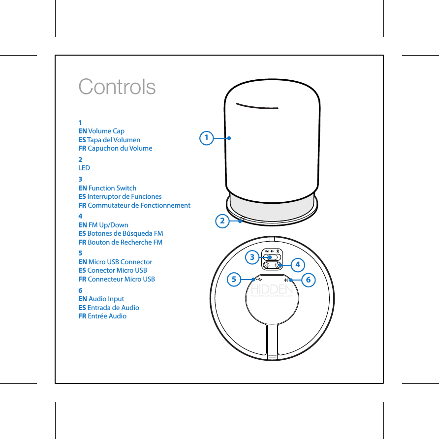 Controls1EN Volume CapES Tapa del VolumenFR Capuchon du Volume2LED3EN Function SwitchES Interruptor de FuncionesFR Commutateur de Fonctionnement 4EN FM Up/DownES Botones de B&uacute;squeda FMFR Bouton de Recherche FM 5EN Micro USB ConnectorES Conector Micro USBFR Connecteur Micro USB 6EN Audio InputES Entrada de AudioFR Entr&eacute;e Audio123456