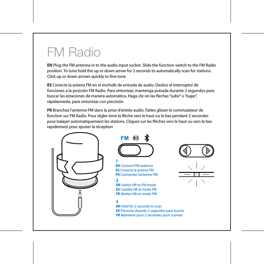 FM RadioEN Plug the FM antenna in to the audio input socket. Slide the function switch to the FM Radio position. To tune hold the up or down arrow for 2 seconds to automatically scan for stations. Click up or down arrows quickly to ne tuneES Conecte la antena FM en el enchufe de entrada de audio. Deslice el interruptor de funciones a la posici&oacute;n FM Radio. Para sintonizar, mantenga pulsada durante 2 segundos para buscar las estaciones de manera autom&aacute;tica. Haga clic en las echas &ldquo;subir&rdquo; o &ldquo;bajar&rdquo;, r&aacute;pidamente, para sintonizar con precisi&oacute;nFR Branchez l'antenne FM dans la prise d'entr&eacute;e audio. Faites glisser le commutateur de fonction sur FM Radio. Pour r&eacute;gler tenir la &egrave;che vers le haut ou le bas pendant 2 secondes pour balayer automatiquement les stations. Cliquez sur les &egrave;ches vers le haut ou vers le bas rapidement pour ajuster la r&eacute;ception2EN Switch HR to FM modeES Cambie HR al modo FMFR Mettez HR en mode FM3EN Hold for 2 seconds to scanES Presione durante 2 segundos para buscarFR Maintenir pour 2 secondes pour scanner1EN Connect FM antennaES Conecte la antena FMFR Connectez l'antenne FM