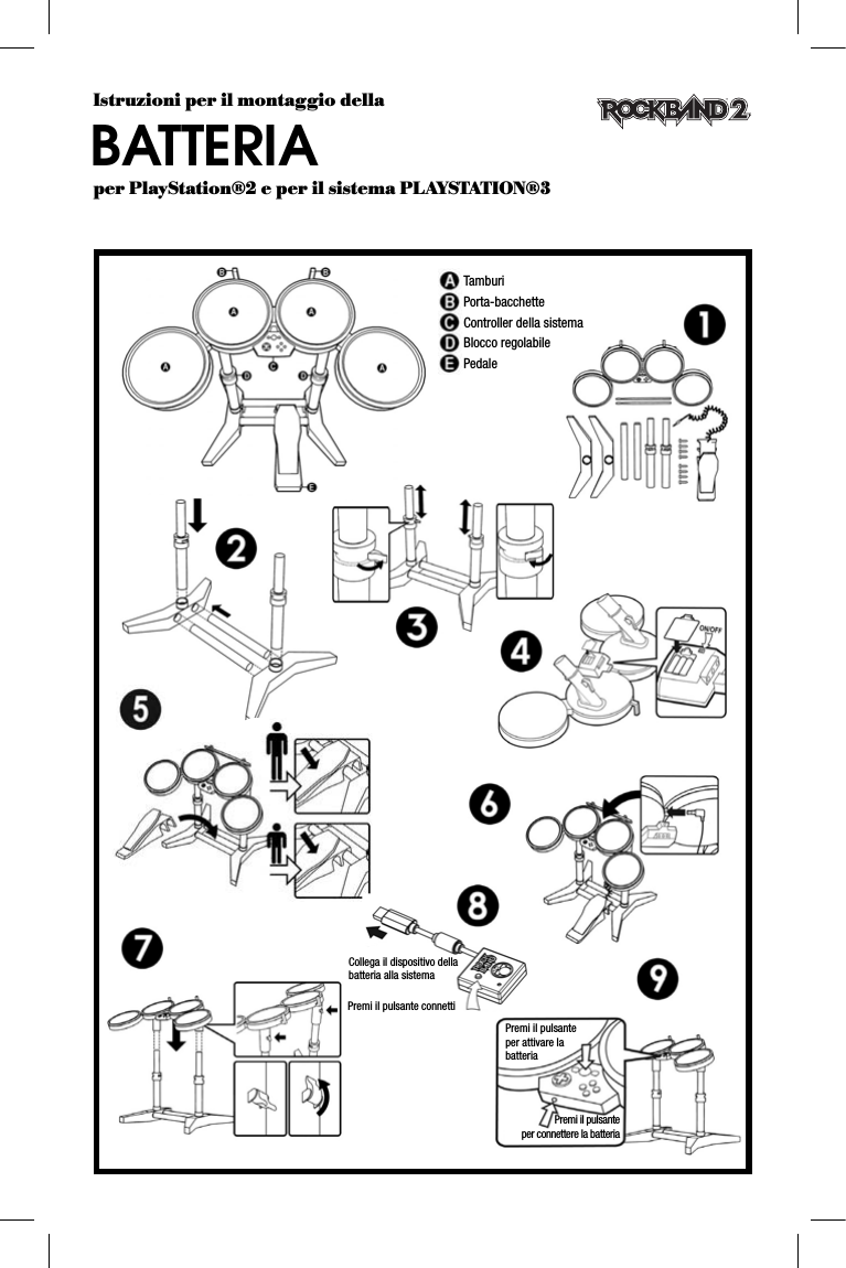 Istruzioni per il montaggio dellaBATTERIA per PlayStation®2 e per il sistema PLAYSTATION®3TamburiPorta-bacchetteController della sistemaBlocco regolabilePedaleCollega il dispositivo della batteria alla sistemaPremi il pulsante connettiPremi il pulsante per connettere la batteriaPremi il pulsante per attivare la batteria