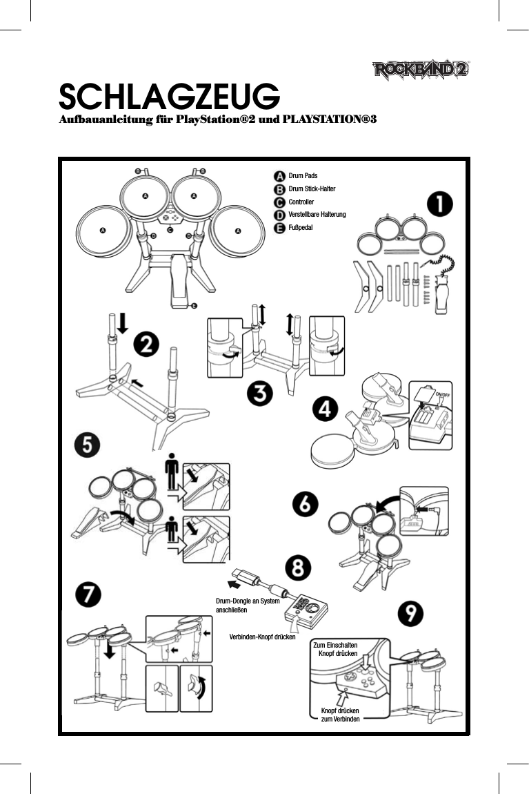 SCHLAGZEUGAufbauanleitung für PlayStation®2 und PLAYSTATION®3Drum PadsDrum Stick-HalterControllerVerstellbare HalterungFußpedalDrum-Dongle an System anschließenVerbinden-Knopf drückenZum EinschaltenKnopf drückenKnopf drücken zum Verbinden
