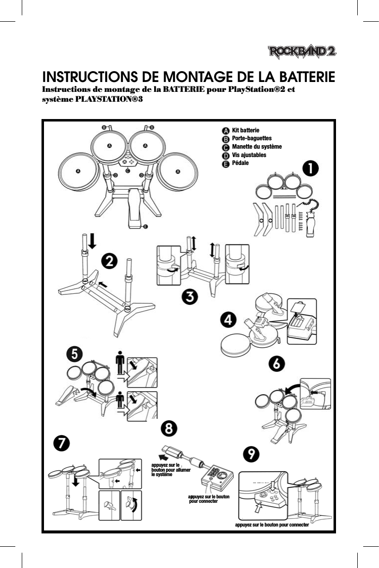 INSTRUCTIONS DE MONTAGE DE LA BATTERIE Instructions de montage de la BATTERIE pour PlayStation®2 et système PLAYSTATION®3Kit batteriePorte-baguettesManette du systèmeVis ajustablesPédaleappuyez sur le bouton pour allumer le systèmeappuyez sur le bouton pour connecterappuyez sur le bouton pour connecter