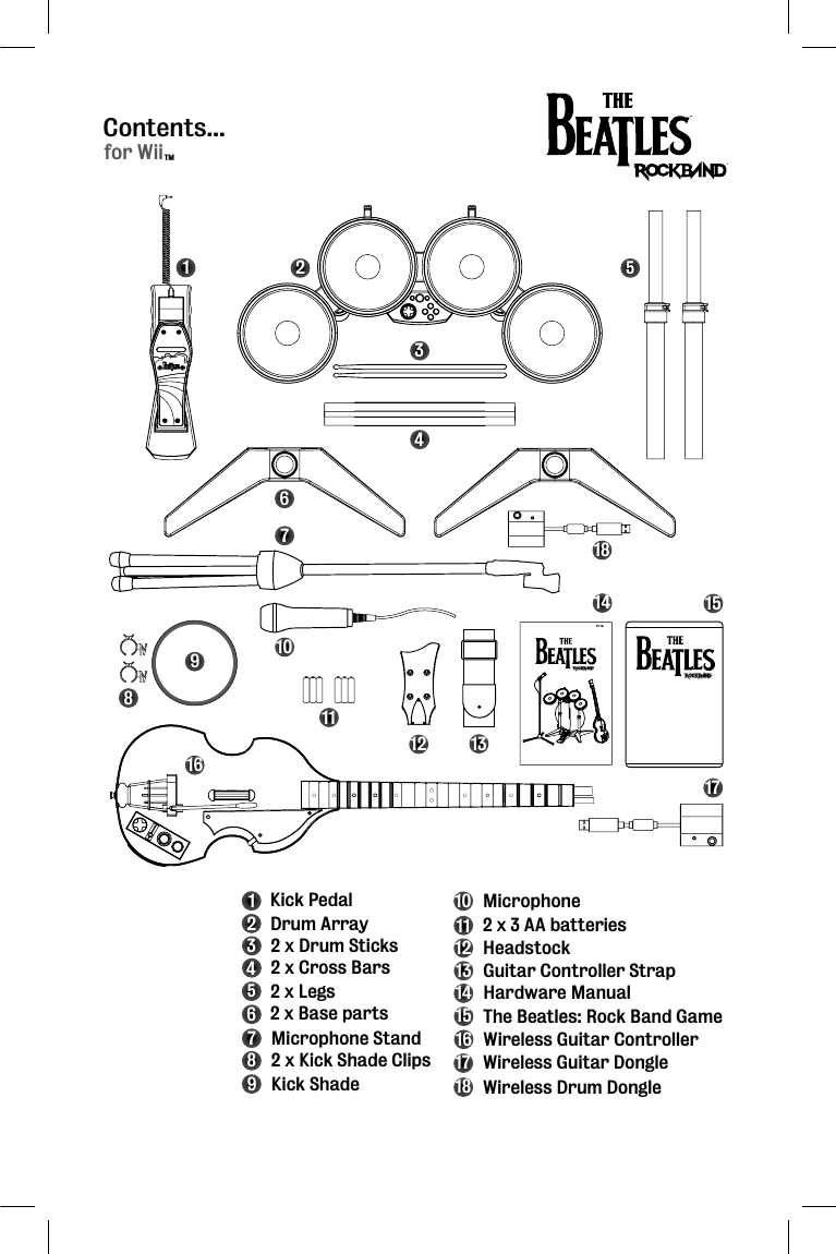 Contents...Wii1234 Drum Array2 x Drum Sticks2 x Cross Bars56782 x Legs2 x Base partsMicrophone Stand2 x Kick Shade ClipsKick Pedal910Kick ShadeMicrophone11122 x 3 AA batteriesHeadstock1314Guitar Controller StrapHardware Manual15 The Beatles: Rock Band Game16 Wireless Guitar Controller123456789101112 1314 151617 Wireless Guitar Dongle18 Wireless Drum Dongle1718for WiiTMTM