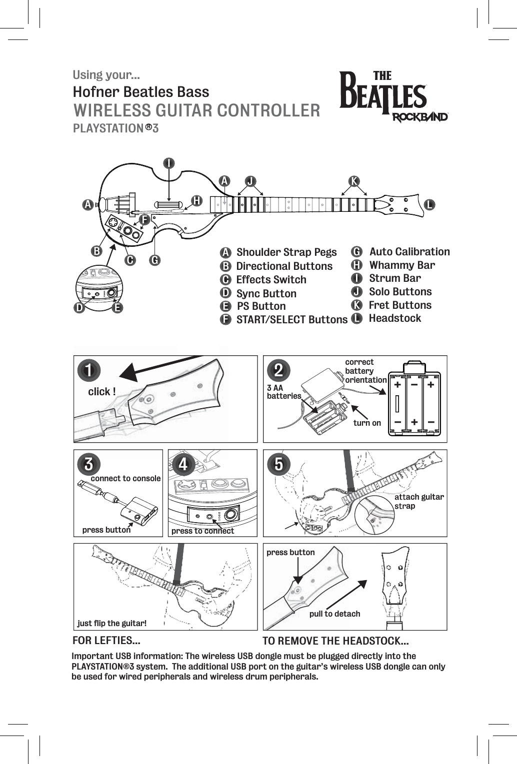 Using your...WIRELESS GUITAR CONTROLLERHofner Beatles BassABCFGHIJKLABCDEFGHIJKLEffects SwitchAuto CalibrationStrum BarWhammy BarSolo ButtonsFret ButtonsHeadstockShoulder Strap PegsA Directional Buttons Sync ButtonPS ButtonSTART/SELECT ButtonsImportant USB information: The wireless USB dongle must be plugged directly into the PLAYSTATION®3 system.  The additional USB port on the guitar’s wireless USB dongle can only be used for wired peripherals and wireless drum peripherals.123click !press buttonpull to detachconnect to console3 AAbatteriesattach guitar strapcorrectbatteryorientation5FOR LEFTIES...just flip the guitar!TO REMOVE THE HEADSTOCK...+++---turn on4press to connectpress buttonDEPLAYSTATION   3R