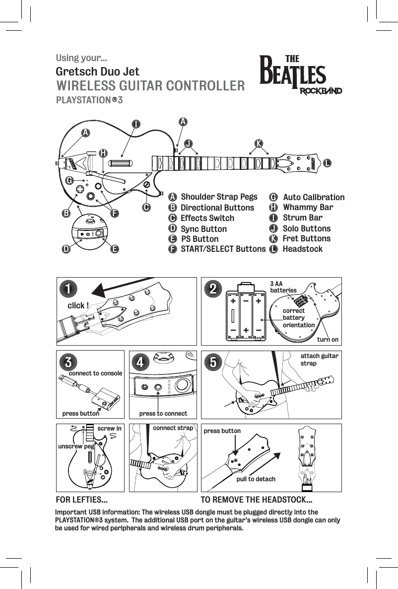 Using your...WIRELESS GUITAR CONTROLLERGretsch Duo JetPLAYSTATION   3RBHIJKLABCDEFGHIJKLAuto CalibrationStrum BarWhammy BarSolo ButtonsFret ButtonsHeadstockAACDEFGconnect to consolepress buttonturn onImportant USB information: The wireless USB dongle must be plugged directly into the PLAYSTATION®3 system.  The additional USB port on the guitar’s wireless USB dongle can only be used for wired peripherals and wireless drum peripherals. Directional ButtonsEffects Switch Sync ButtonPS ButtonSTART/SELECT ButtonsShoulder Strap Pegs124click !press buttonpull to detachattach guitar strap5FOR LEFTIES... TO REMOVE THE HEADSTOCK...3 AAbatteriescorrectbatteryorientation+++---3press to connectscrew inunscrew pegconnect strap