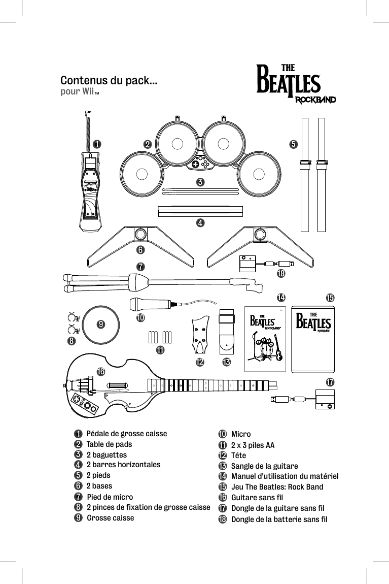 Contenus du pack...1234 Table de pads 2 baguettes 2 barres horizontales 56782 pieds 2 bases Pied de micro 2 pinces de fixation de grosse caissePédale de grosse caisse910Grosse caisseMicro 11122 x 3 piles AA Tête 1314Sangle de la guitare Manuel d&apos;utilisation du matériel 15 Jeu The Beatles: Rock Band16 Guitare sans fil 123456789101112 1314 151617 Dongle de la guitare sans fil 18 Dongle de la batterie sans fil1718pour WiiTM