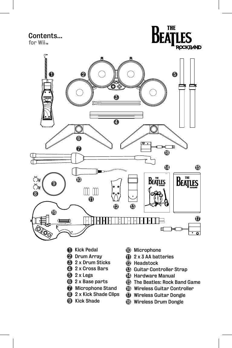 Contents...Wii1234 Drum Array2 x Drum Sticks2 x Cross Bars56782 x Legs2 x Base partsMicrophone Stand2 x Kick Shade ClipsKick Pedal910Kick ShadeMicrophone11122 x 3 AA batteriesHeadstock1314Guitar Controller StrapHardware Manual15 The Beatles: Rock Band Game16 Wireless Guitar Controller123456789101112 1314 151617 Wireless Guitar Dongle18 Wireless Drum Dongle1718for WiiTMTM