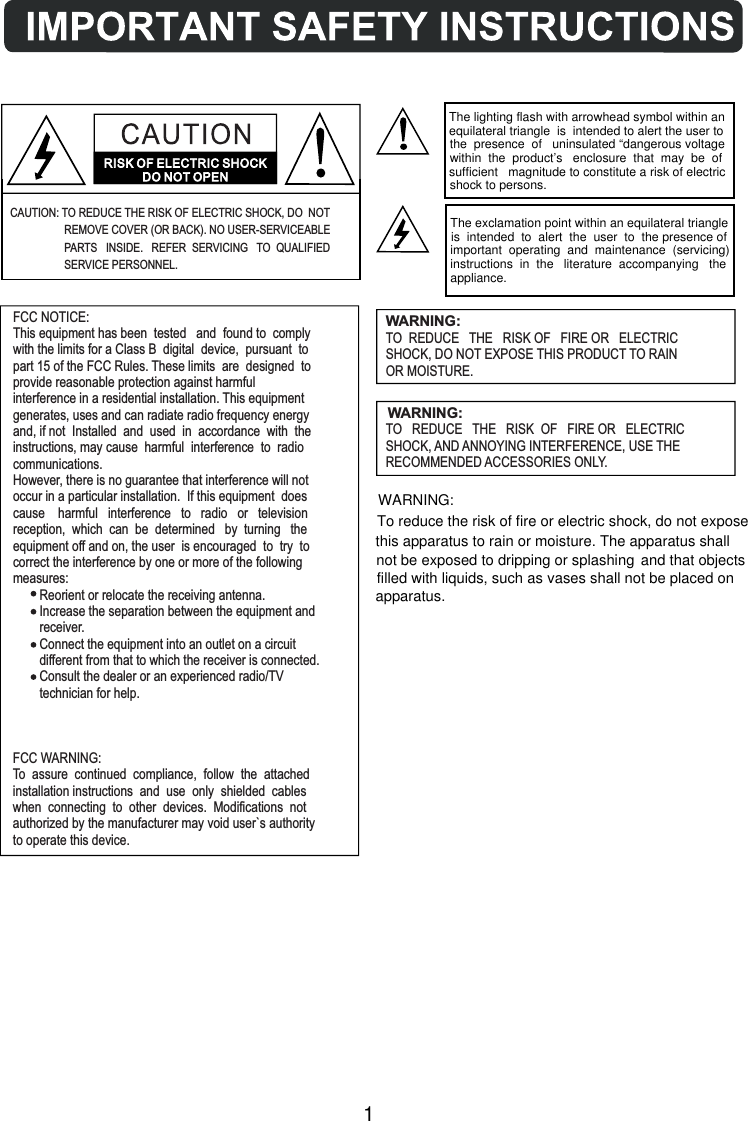WARNING:TO  REDUCE THE   RISK OF   FIRE OR   ELECTRICSHOCK, DO NOT EXPOSE THIS PRODUCT TO RAINOR MOISTURE.WARNING:TO   REDUCE THE   RISK  OF   FIRE OR   ELECTRICSHOCK, AND ANNOYING INTERFERENCE, USE THERECOMMENDED ACCESSORIES ONLY.FCC NOTICE:This equipment has been  tested   and  found to  complywith the limits for a Class B  digital  device,  pursuant  topart 15 of the FCC Rules. These limits  are  designed  toprovide reasonable protection against harmfulinterference in a residential installation. This equipmentgenerates, uses and can radiate radio frequency energyand, if not  Installed  and  used  in  accordance  with  theinstructions, may cause  harmful  interference  to  radiocommunications.However, there is no guarantee that interference will notoccur in a particular installation.  If this equipment  doescause    harmful   interference   to   radio   or   televisionreception,  which  can  be  determined   by  turning   theequipment off and on, the user  is encouraged  to  try  tocorrect the interference by one or more of the followingmeasures:        Reorient or relocate the receiving antenna.        Increase the separation between the equipment and        receiver.        Connect the equipment into an outlet on a circuit        different from that to which the receiver is connected.        Consult the dealer or an experienced radio/TV        technician for help.FCC WARNING:To  assure  continued  compliance,  follow  the  attachedinstallation instructions  and  use  only  shielded  cableswhen  connecting  to  other  devices.  Modifications  notauthorized by the manufacturer may void user`s authorityto operate this device.CAUTION: TO REDUCE THE RISK OF ELECTRIC SHOCK, DO  NOT                   REMOVE COVER (OR BACK). NO USER-SERVICEABLE                   PARTS   INSIDE.   REFER  SERVICING TO  QUALIFIED                    SERVICE PERSONNEL.1WARNING:To reduce the risk of fire or electric shock, do not exposethis apparatus to rain or moisture. The apparatus shall not be exposed to dripping or splashing  and that objects filled with liquids, such as  vases shall not be placed on apparatus.The lighting flash with arrowhead symbol within an equilateral triangle  is  intended to alert the user to the  presence  of   uninsulated &ldquo;dangerous voltage within  the  product&rsquo;s   enclosure  that  may  be  of sufficient   magnitude to constitute a risk of electric shock to persons. The exclamation point within an equilateral triangle is  intended  to  alert  the  user  to  the presence of important  operating  and  maintenance  (servicing) instructions  in  the   literature  accompanying   the appliance.