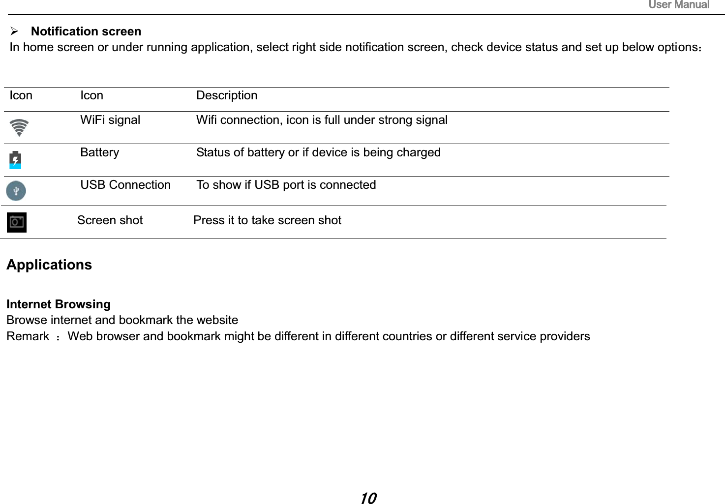 8VHU0DQXDO&frac34; Notification screen In home screen or under running application, select right side notification screen, check device status and set up below options˖ Icon Icon  Description WiFi signal  Wifi connection, icon is full under strong signal Battery  Status of battery or if device is being charged USB Connection  To show if USB port is connected Screen shot  Press it to take screen shot Applications Internet Browsing Browse internet and bookmark the website Remark  ˖Web browser and bookmark might be different in different countries or different service providers 