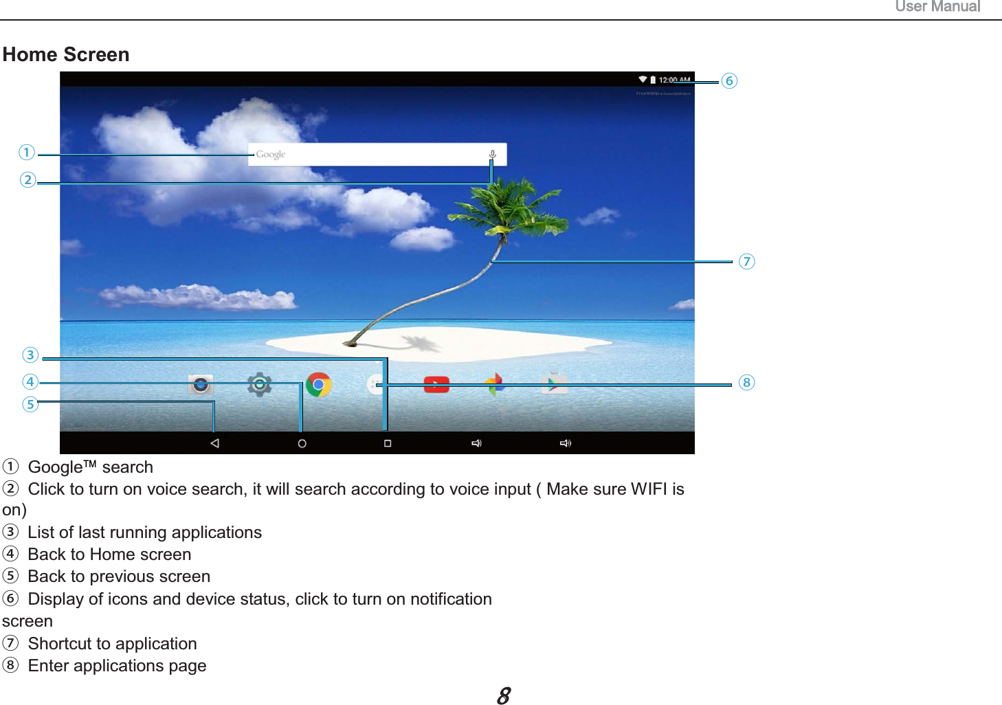                                                                                                               8  Home Screen ①Google    search ②Click to turn on voice search, it will search according to voice input ( Make sure WIFI is on) ③List of last running applications ④Back to Home screen ⑤Back to previous screen ⑥Display of icons and device status, click to turn on notification screen ⑦Shortcut to application ⑧Enter applications page ①③④⑤⑧⑥⑦②TM