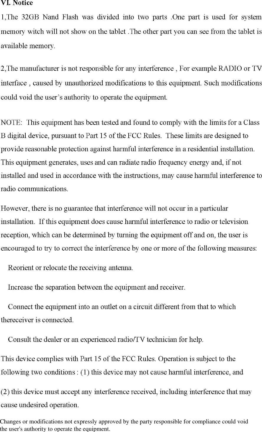 Changes or modifications not expressly approved by the party responsible for compliance could void the user's authority to operate the equipment.