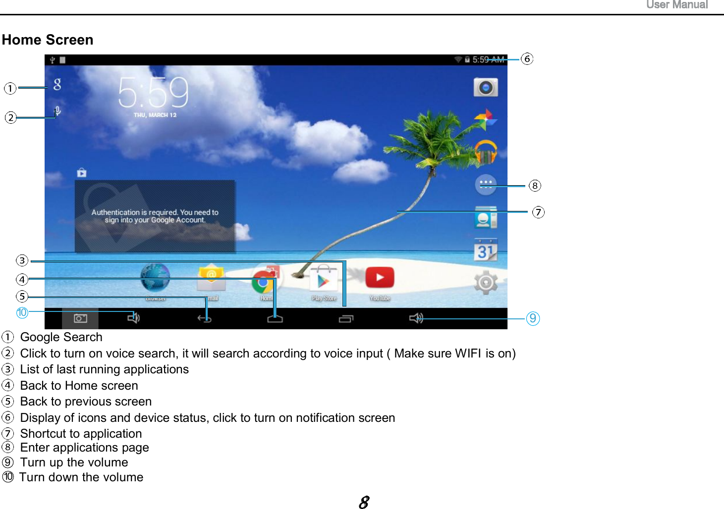 Home Screen Google Search Click to turn on voice search, it will search according to voice input ( Make sure WIFI is on) List of last running applications Back to Home screen Back to previous screen Display of icons and device status, click to turn on notification screen Shortcut to application Enter applications page  Turn up the volume     Turn down the volume910910
