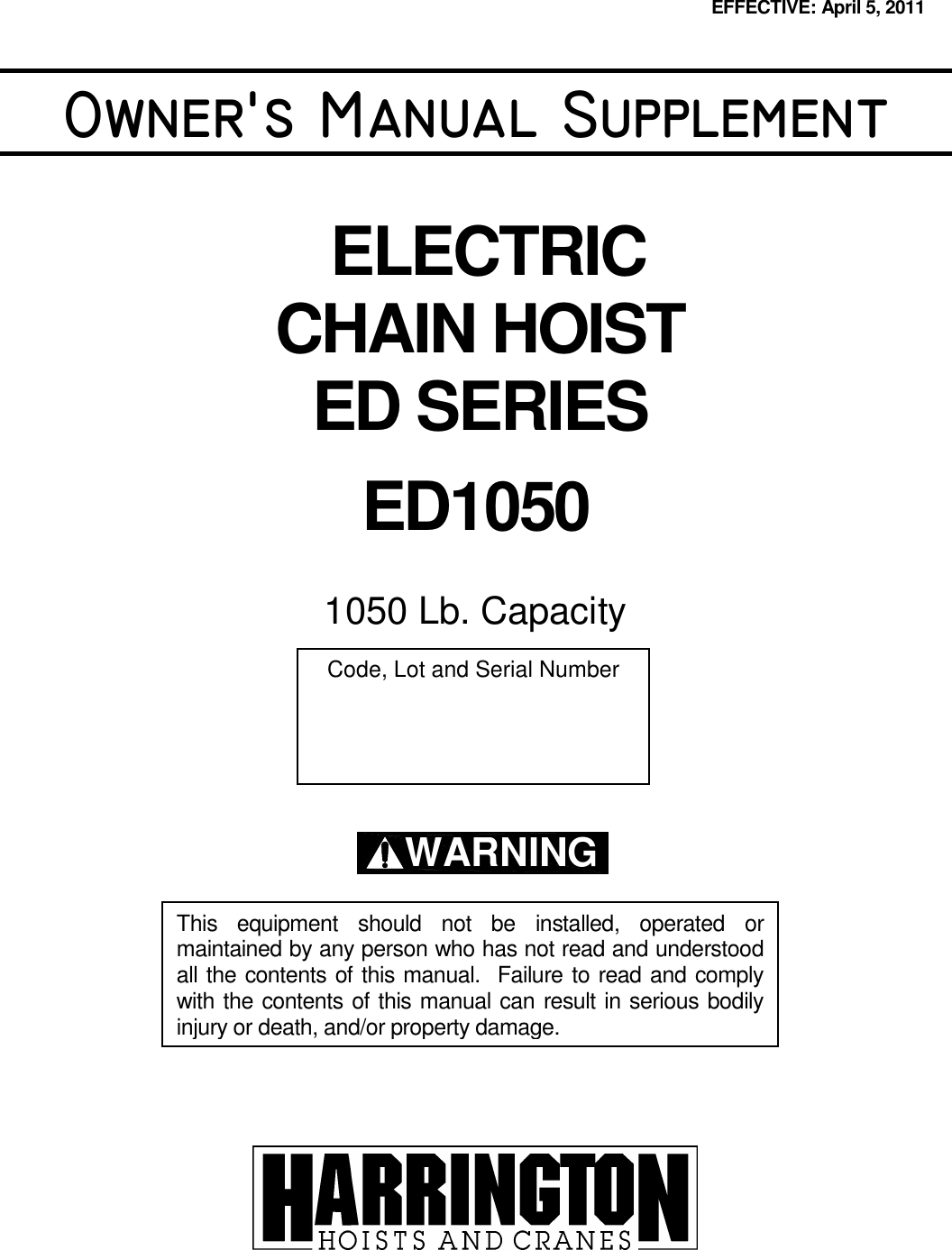 Harrington Hoists Personal Lift Ed1050 Users Manual