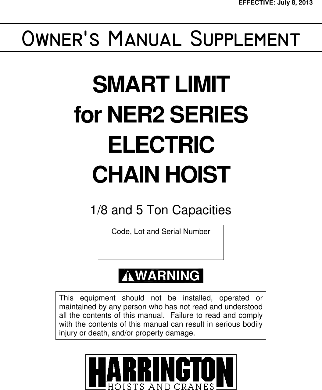 Harrington Hoists Personal Lift Ner2 Series Users Manual