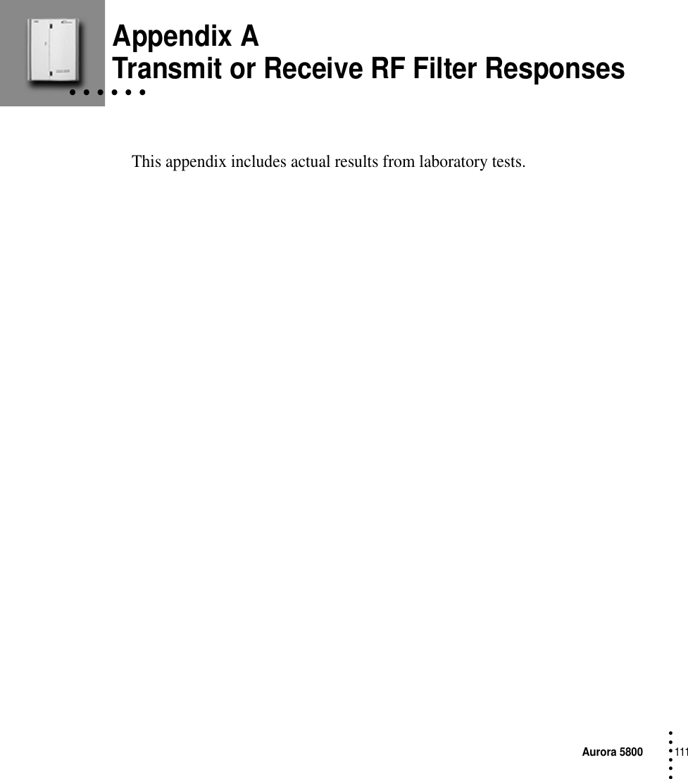 Aurora 5800111 • • • ••• Appendix A• • • • • • Transmit or Receive RF Filter ResponsesThis appendix includes actual results from laboratory tests.