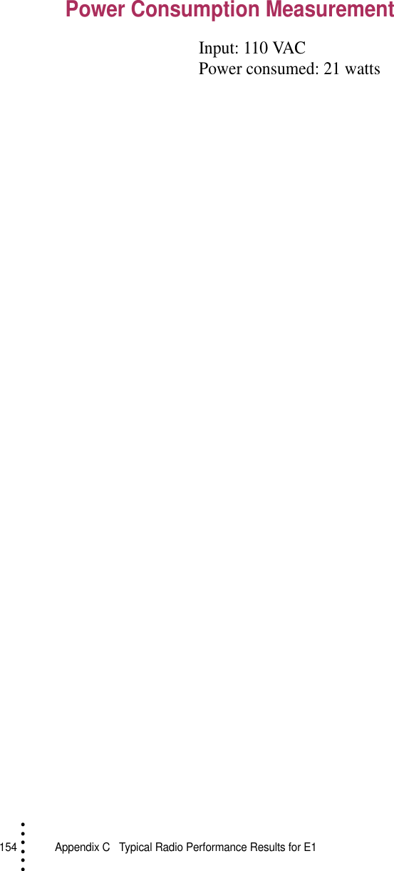 154   Appendix C  Typical Radio Performance Results for E1• • • •••Power Consumption MeasurementInput: 110 VACPower consumed: 21 watts
